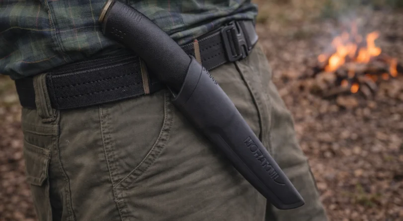 Morakniv black knife on hiking belt